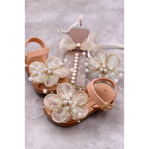6027 Gold Flower Παιδικά & βρεφικά δερμάτινα ή ανατομικά σανδάλια. (ΔΛ)