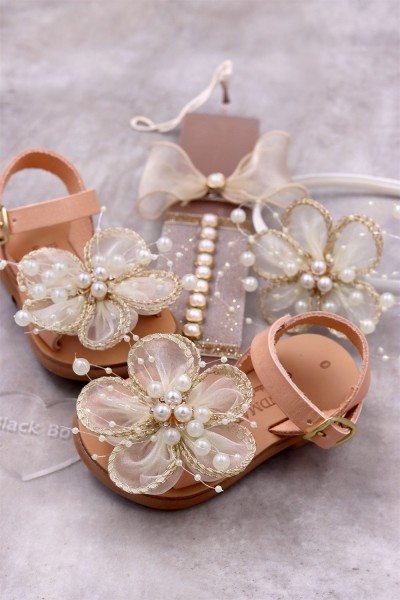 6027 Gold Flower Παιδικά & βρεφικά δερμάτινα ή ανατομικά σανδάλια. (ΔΛ)