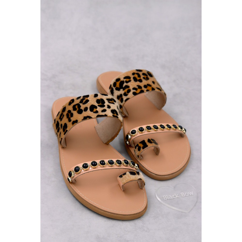 7051-4 Pony Skin Γυναικεία δερμάτινα σανδάλια. (Aναστ)