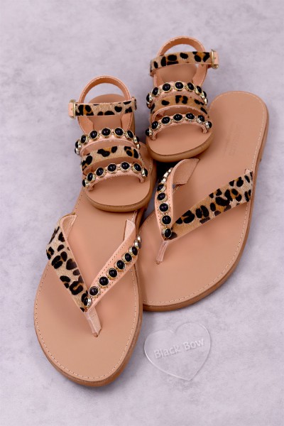 7051-5 Pony Skin Γυναικεία δερμάτινα σανδάλια. (Διχάλα)