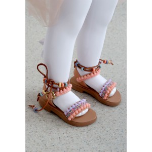 7017 Boho Beads Παιδικά & βρεφικά δερμάτινα ή ανατομικά σανδάλια. Με αποσπώμενα κορδόνια. (ΔΛ)