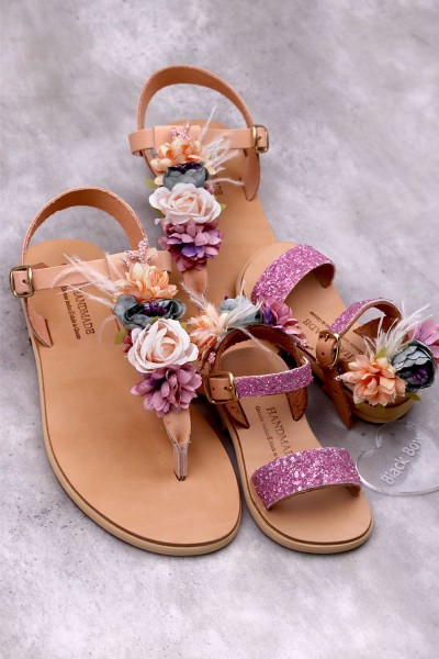 5035-2 Back Flowers Γυναικεία δερμάτινα σανδάλια. (Ταφ)