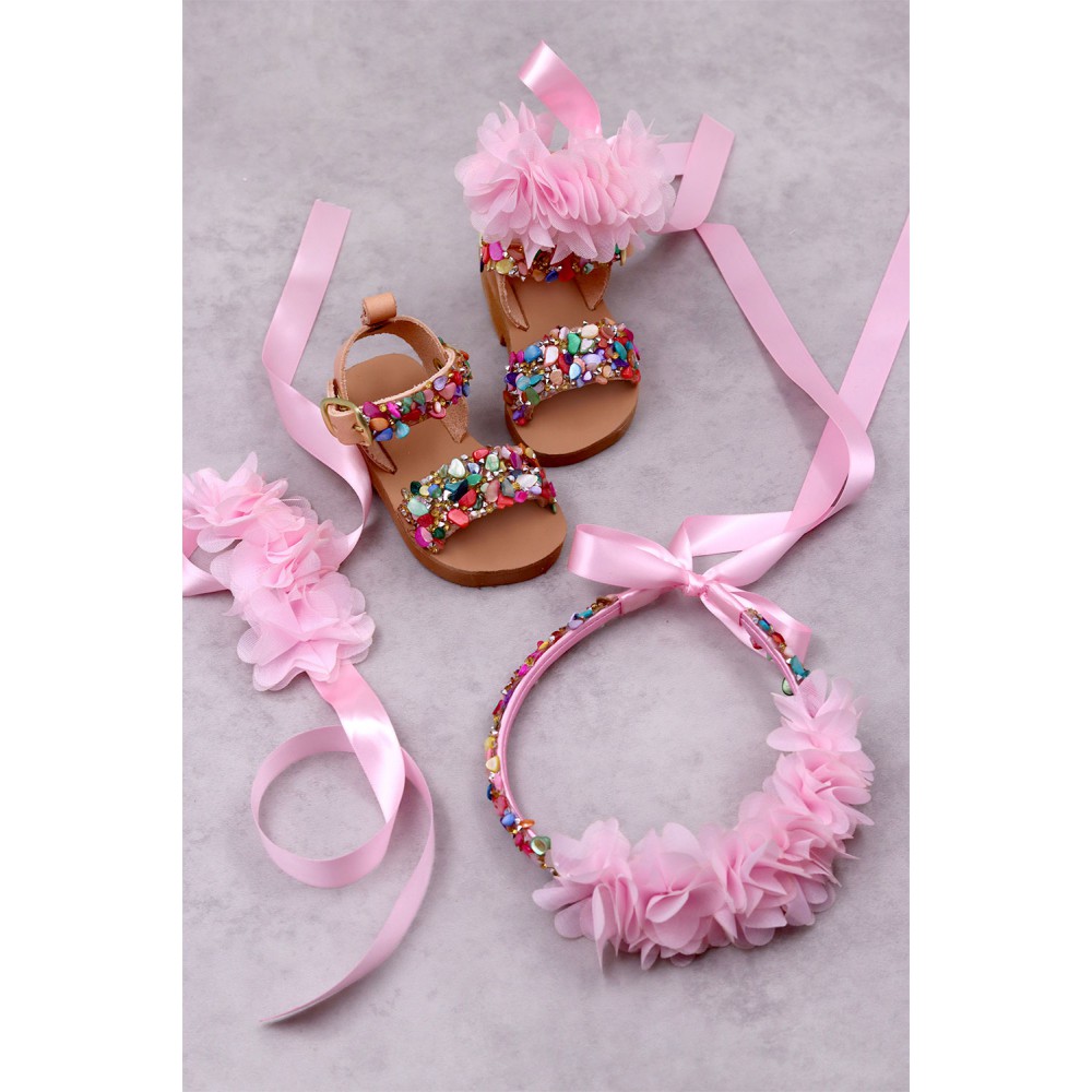 5056 Bye Flower Παιδικά & βρεφικά δερμάτινα ή ανατομικά σανδάλια ΜΕ ΑΠΟΣΠΩΜΕΝΑ ΛΟΥΛΟΥΔΙΑ. (ΔΛ)