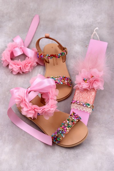 5056 Bye Flower Παιδικά & βρεφικά δερμάτινα ή ανατομικά σανδάλια ΜΕ ΑΠΟΣΠΩΜΕΝΑ ΛΟΥΛΟΥΔΙΑ. (ΔΛ)