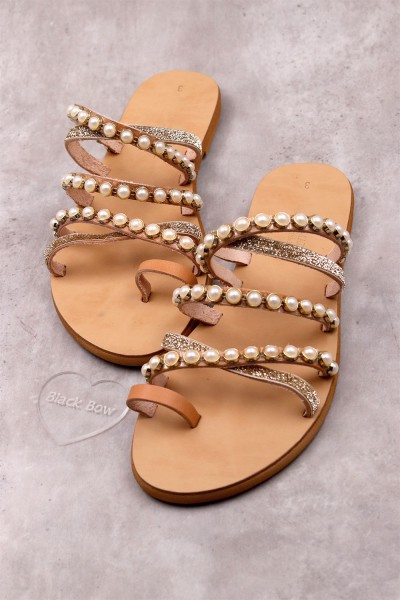 5071 Pearly Gold Γυναικεία δερμάτινα σανδάλια. (ZZ)