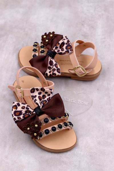 6025 Leopard Bow Παιδικά δερμάτινα ή ανατομικά σανδάλια. (Ερμής)