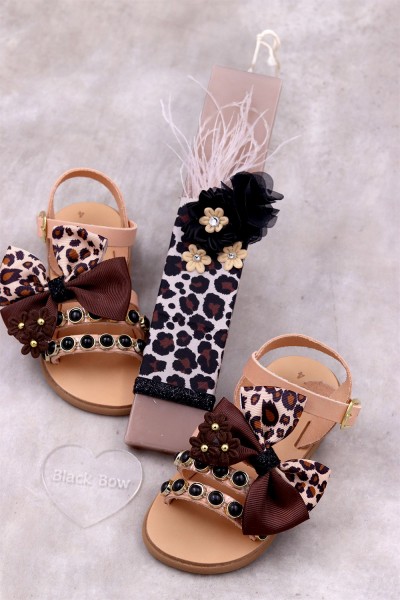 6025 Leopard Bow Παιδικά δερμάτινα ή ανατομικά σανδάλια. (Ερμής)