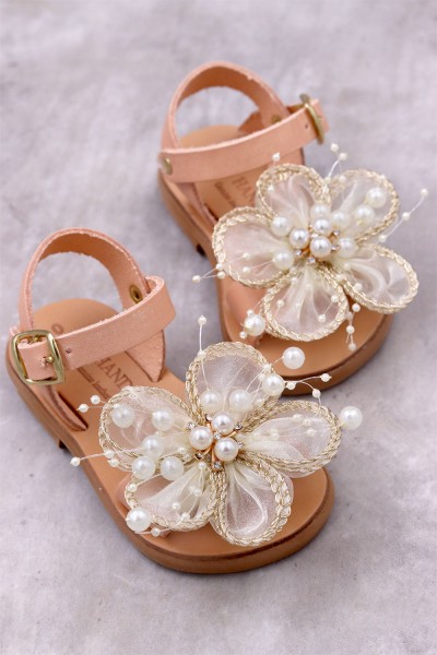 6027 Gold Flower Παιδικά & βρεφικά δερμάτινα ή ανατομικά σανδάλια. (ΔΛ)
