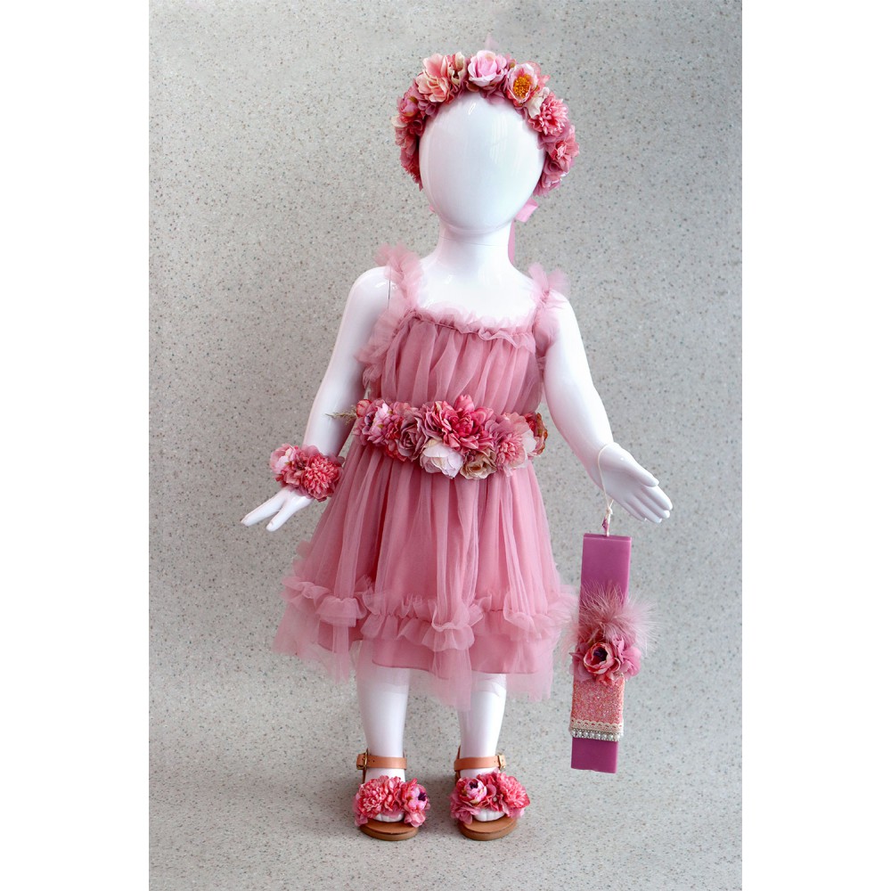 90800B Dark Pink Lady Βρεφικό & παιδικό φόρεμα από τούλι σε ροζ νουντ χρώμα. (ελαστικό στο στήθος)