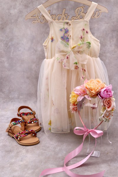 90900 Butter Βρεφικό & παιδικό φόρεμα από τούλι σε εκρού χρώμα με φιόγκο στο πίσω μέρος. (ελαστικό στο στήθος)