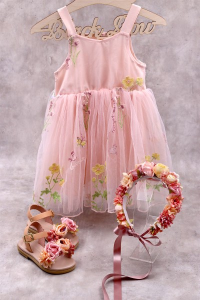 91100 Butter Bee Βρεφικό & παιδικό φόρεμα από τούλι σε ροζ-σομόν  χρώμα με φιόγκο στο πίσω μέρος. (ελαστικό στο στήθος)