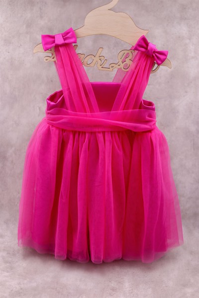 91300 Bow Glam Βρεφικό & παιδικό φόρεμα από τούλι σε φούξια χρώμα με σατέν λεπτομέρειες