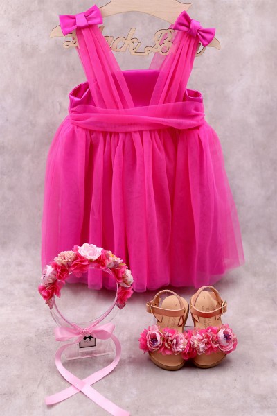 91300 Bow Glam Βρεφικό & παιδικό φόρεμα από τούλι σε φούξια χρώμα με σατέν λεπτομέρειες