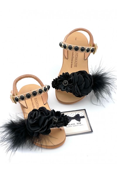 3132 Black Flowers Παιδικά & βρεφικά δερμάτινα ή ανατομικά σανδάλια. (ΔΛ)